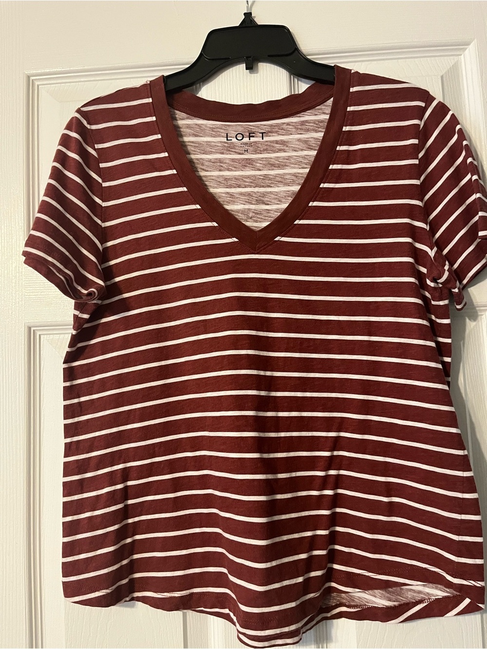 LOFT Maroon and White Striped V-Neck Tee